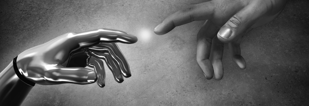 Robot and human hands reaching out.
